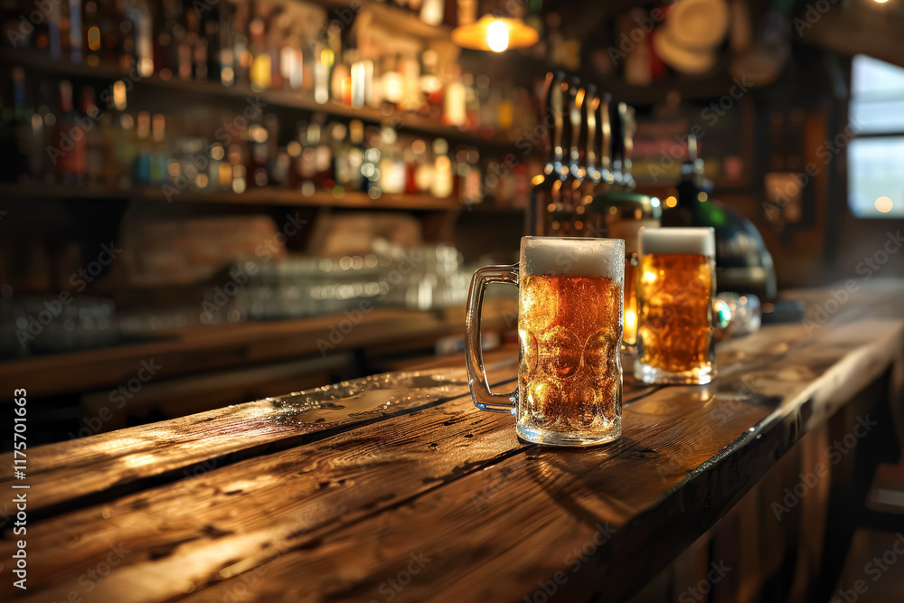 Two mugs of beer sit on a wooden bar counter Two mugs of beer sit on a wooden bar counter