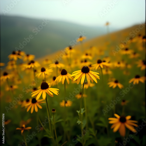 A field of vibrant yellow daisy-like flowers is set against a hazy, mountainous backdrop.
