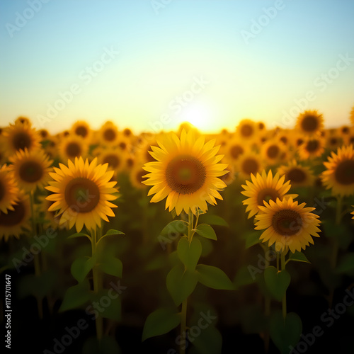 The image captures a field of sunflowers at sunset, with their vibrant yellow petals against a backdrop of a blue sky.