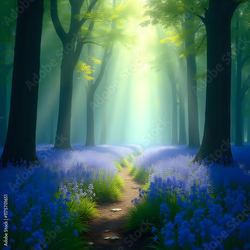 The image depicts a serene forest scene bathed in sunlight filtering through the canopy of trees, casting a dappled glow on the vibrant blue flowers beneath.