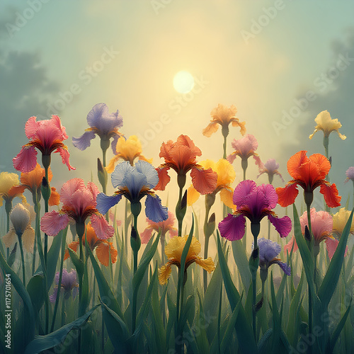 The image depicts a vibrant field of irises at sunrise or sunset, with a warm glow illuminating the scene.