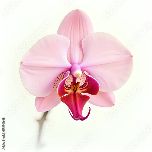 The image features a close-up of a pink orchid flower with its delicate petals and intricate stamens, set against a plain background.