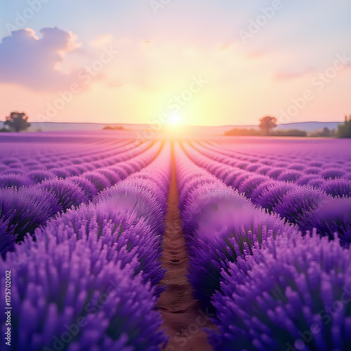 A tranquil image of a lavender field bathed in the soft glow of the setting sun, with a path cutting through the rows of flowers towards the horizon.