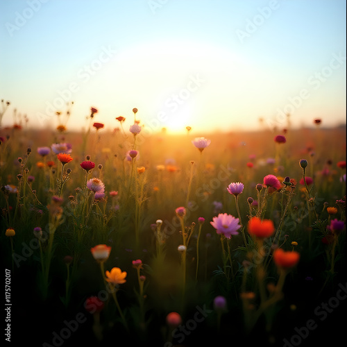 The image captures a vibrant field of assorted wildflowers bathed in warm hues at sunset, with the sun's glow softly illuminating the scene, casting a serene ambiance over the landscape.
