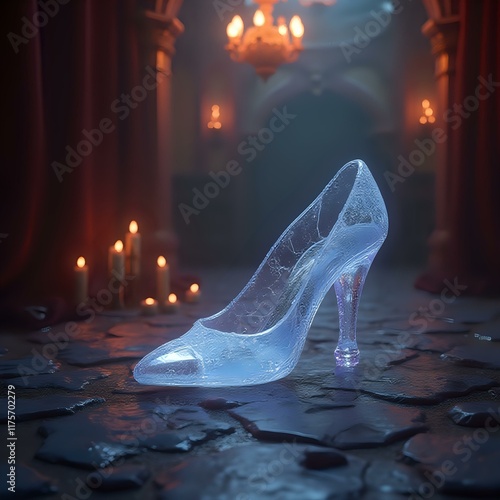 The image features a transparent glass high-heeled shoe with a pointed toe and a thin heel, set against a dark, foggy backdrop with flickering candles and a chandelier. photo