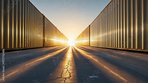 Symmetrical Rows of Cargo Containers in Golden Light with a Cracked Pavement Leading to a Bright Horizon

 photo