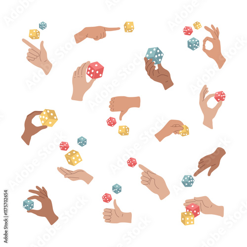 Set of diverse hands gestures holding playing dices. Problem solving, searching for ideas, taking risk, brainstorming. Arm throw the game cube. Casino, gambling. Isolated vector illustration