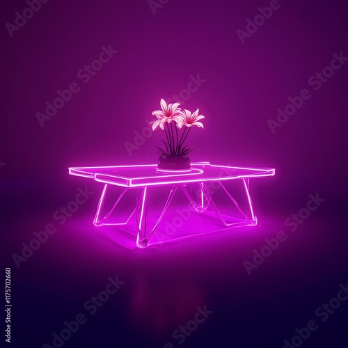 The image features a neon-lit table with a vase containing flowers, set against a purple background.