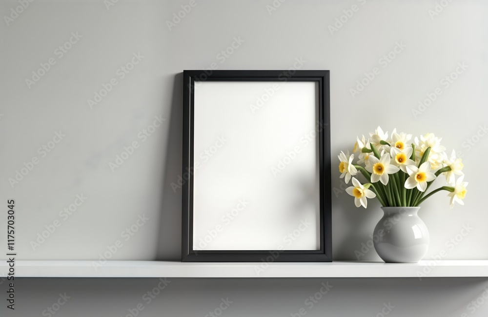 Empty black picture frame mockup sits on white shelf with bouquet of daffodils in vase. Interior design presentation. Home decor template. Blank art frame on shelf. Modern home style. Flower Empty black picture frame mockup sits on white shelf with bouquet of daffodils in vase. Interior design presentation. Home decor template. Blank art frame on shelf. Modern home style. Flower