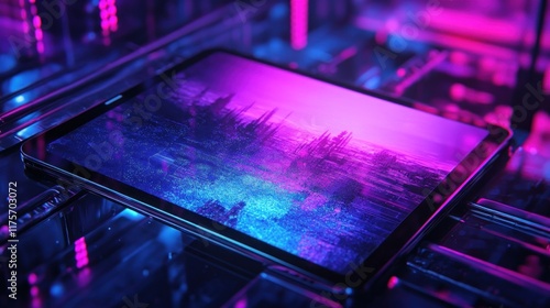 Futuristic tablet displaying a vibrant, dystopian landscape. photo