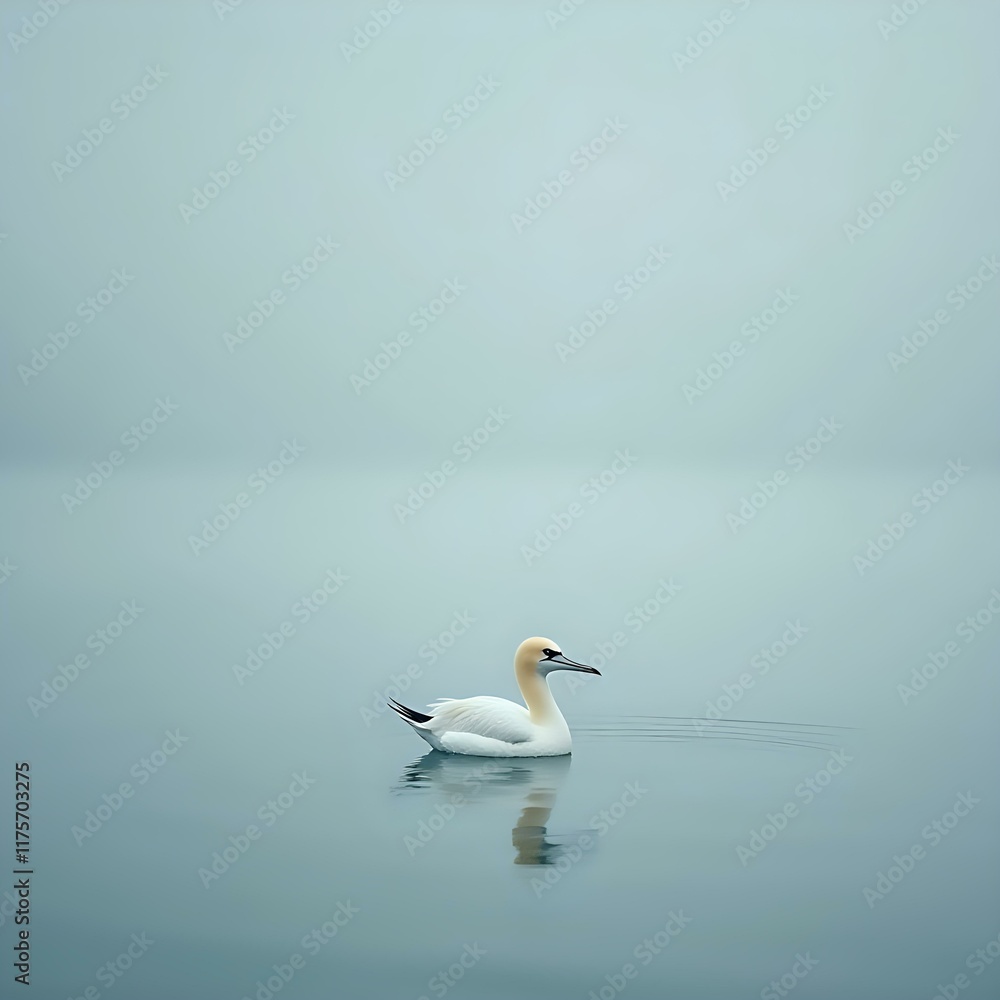 A serene image of a white and yellow bird, possibly a goose or a duck, gliding across a calm, light blue body of water. A serene image of a white and yellow bird, possibly a goose or a duck, gliding across a calm, light blue body of water.