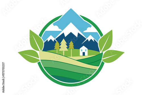 This logo features mountains, trees, and a house, symbolizing nature and sustainability in design, Craft a simple logo that speaks to the need for preserving our natural resources