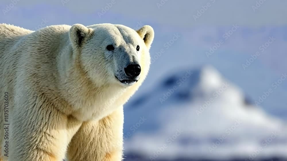 Majestic polar bear in arctic habitat with snowy mountain background Majestic polar bear in arctic habitat with snowy mountain background