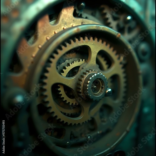 A close-up view of a complex mechanical gear, focusing on its intricate inner workings and the interlocking gears within.
