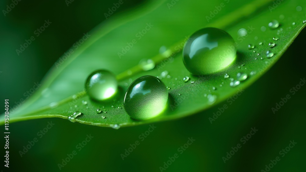 Close-Up of Dewdrops on a Green Leaf Against a Natural Background Close-Up of Dewdrops on a Green Leaf Against a Natural Background