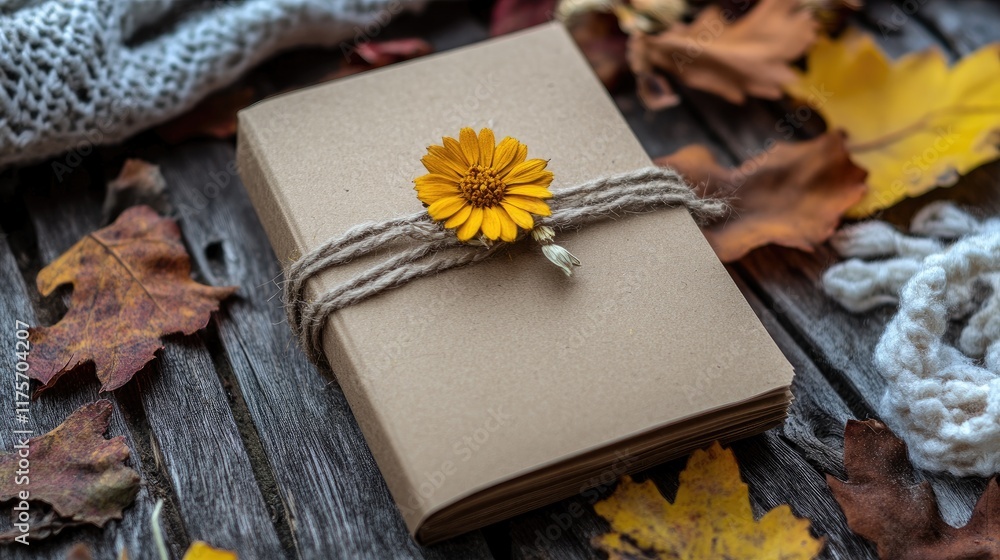 Fototapeta premium Rustic-themed card made with kraft paper and a small dried flower attached.