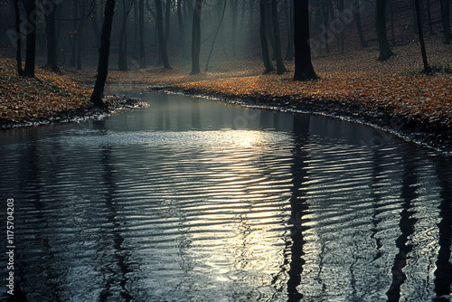 Autumn Stream Reflecting Trees in Misty Forest