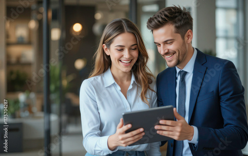 Business Colleagues Sharing a Laugh While Looking at a Tablet – Male Executive and Young Female Employee Engaged in a Lighthearted Moment
