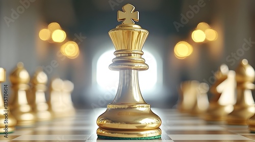 Golden chess piece representing a checkmate decision viewed from a low angle perspective symbolizing strategy leadership and the power of a winning move in a game of competition and intelligence photo