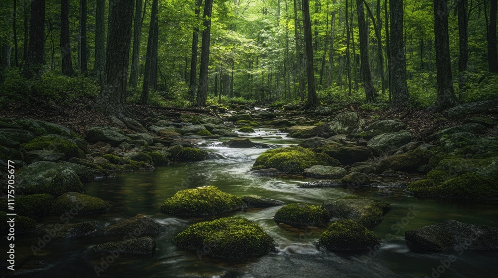 Obraz premium serene forest stream surrounded by mossy rocks illuminated by soft sunlight filtering through trees