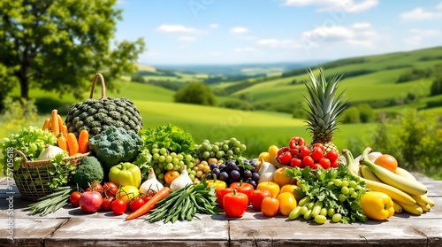Abundance of Fresh Produce on Wooden Table with Scenic View,healthy food