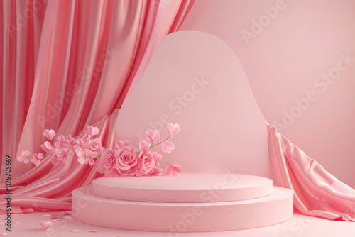 odium for Displaying Love Products with Flower and Silk Curtain Background. Perfect for Romantic Showcases and Valentine's Day Displays. photo