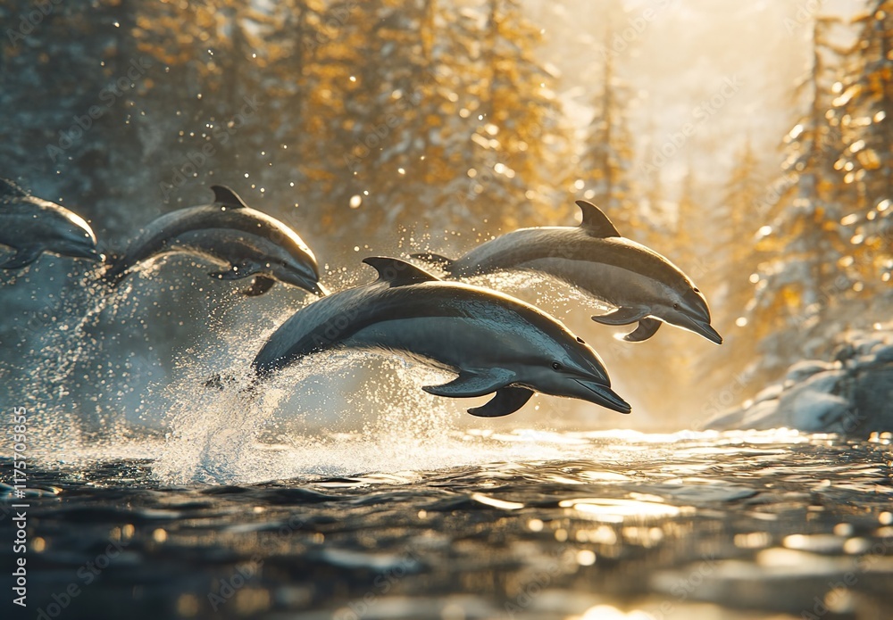 Obraz premium A photorealistic image of a pod of dolphins leaping gra