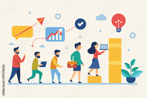 A group of diverse individuals advancing together towards a shared goal while engaging with technology, A simple yet impactful design reflecting the evolution of marketing agencies