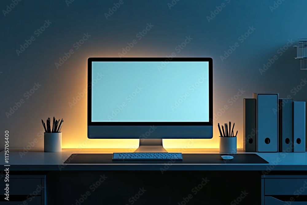 sleek modern office space featuring single desk with minimalist design and glowing computer screen sleek modern office space featuring single desk with minimalist design and glowing computer screen