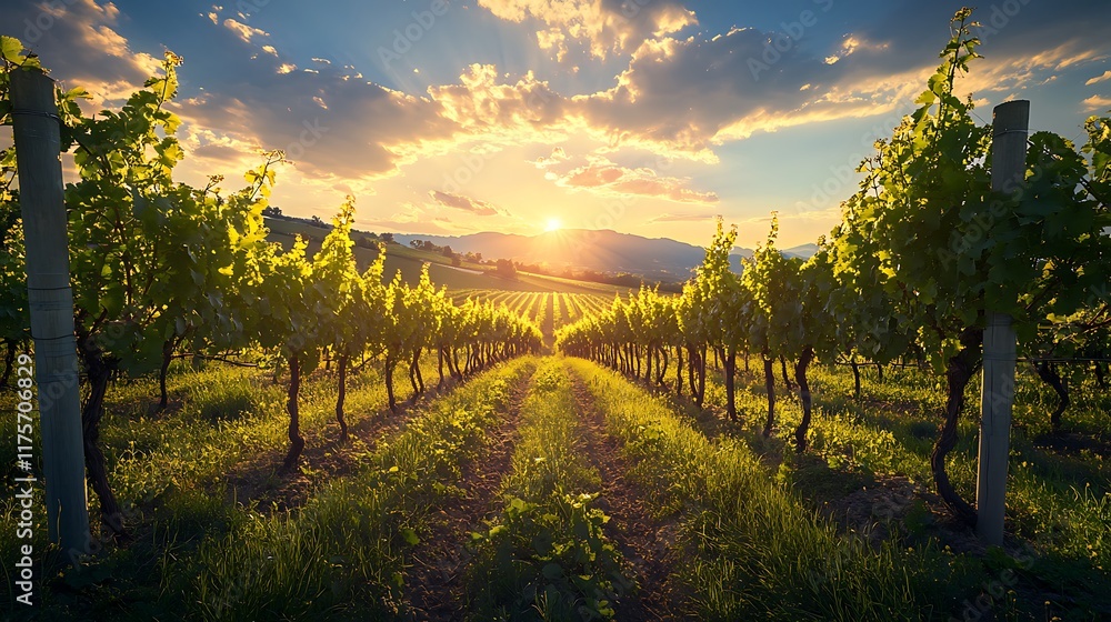 Naklejka premium A peaceful vineyard with rows of grapevines under a clear blue sky at dusk