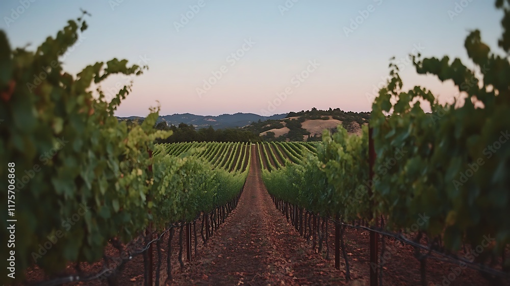 Naklejka premium A peaceful vineyard with rows of grapevines under a clear blue sky at dusk