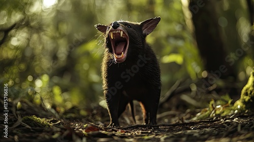 tasmanian devil standing in forest clearing with its teeth visible as it yawns photo