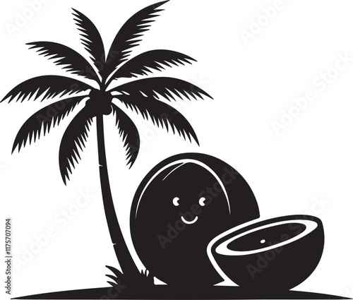 Coconut with tree silhouette in different pecies and fruit icon vector design. photo