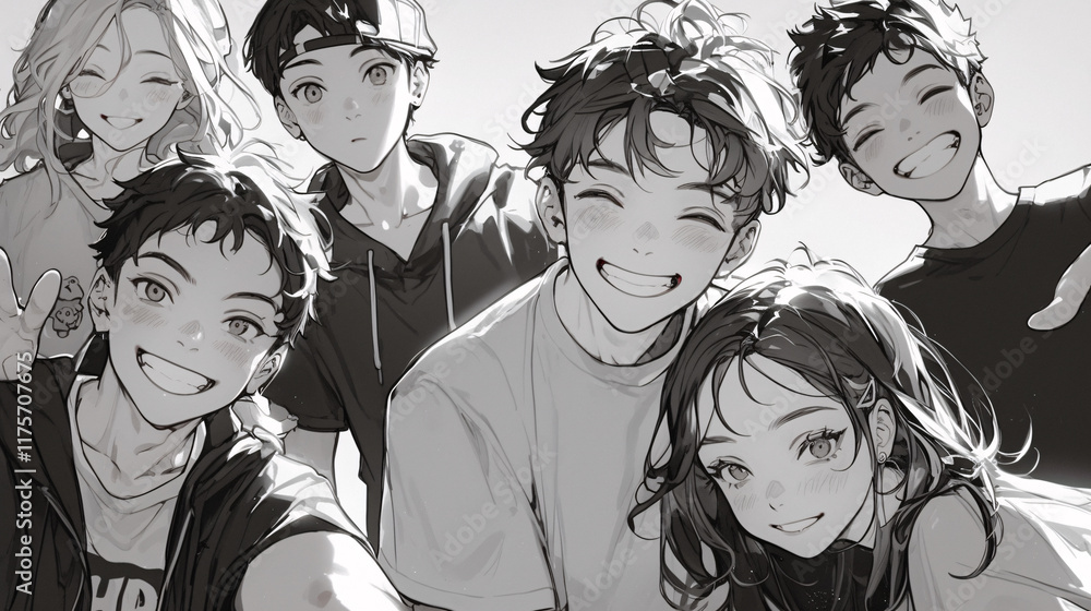 Monochrome Illustration of a Group of Young Friends Smiling and Posing Together, Capturing Joyful Social Connection and Youthful Energy in a Black-and-White Manga Style Monochrome Illustration of a Group of Young Friends Smiling and Posing Together, Capturing Joyful Social Connection and Youthful Energy in a Black-and-White Manga Style