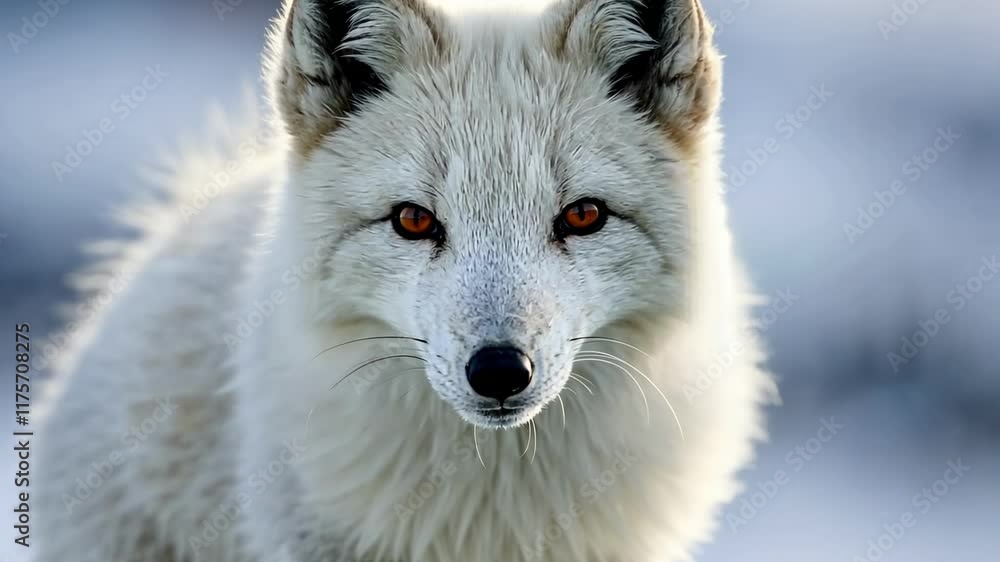 Arctic fox in winter landscape: graceful movement and intense stare Arctic fox in winter landscape: graceful movement and intense stare