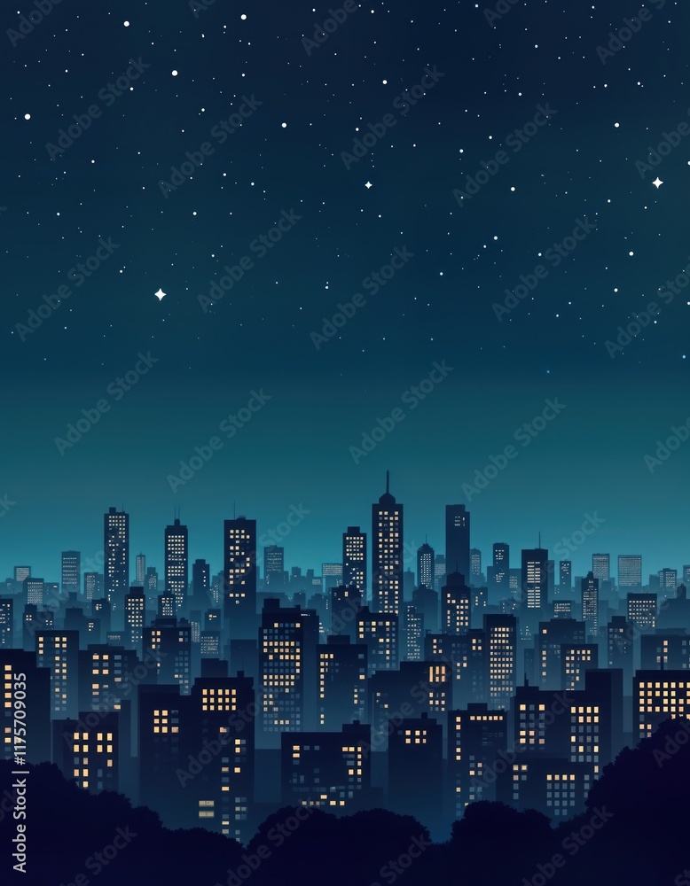 Naklejka premium City skyline at night. Many buildings with lights are visible. Dark blue night sky. Lots of stars are shown. Looks like urban scene. Modern architecture is shown in the image.