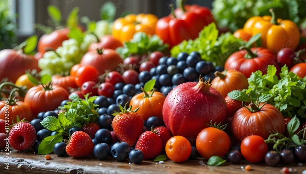 Assorted Fresh Vegetables and Fruits on Wooden Table Assorted Fresh Vegetables and Fruits on Wooden Table