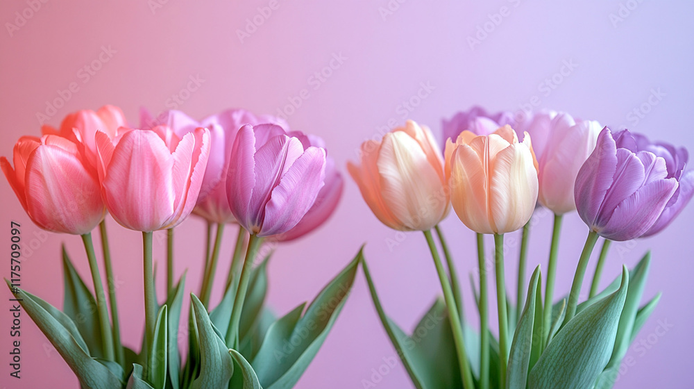Delicate tulips in shades of pink, purple, and peach against a pastel background, creating a soft and elegant springtime floral composition Delicate tulips in shades of pink, purple, and peach against a pastel background, creating a soft and elegant springtime floral composition
