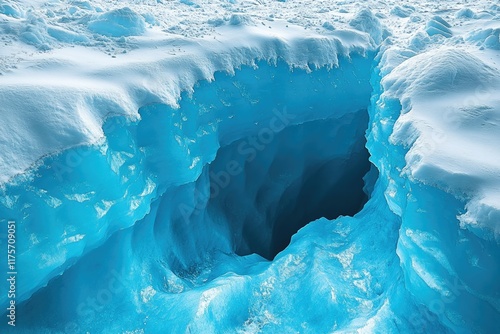 close-up of crevasse in glacier with its vibrant blue ice illuminated by natural light photo