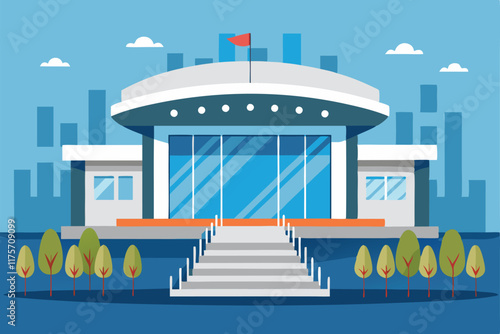 This sleek conference center features large windows and a prominent entrance surrounded by greenery, A sleek and elegant conference center offering state-of-the-art facilities