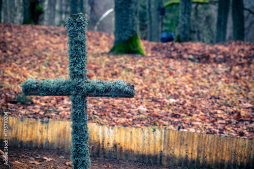 old grave place with moss covered wooden christian cross