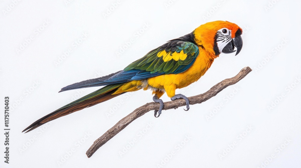 Fototapeta premium Colorful parrot perched on a branch against a white background.