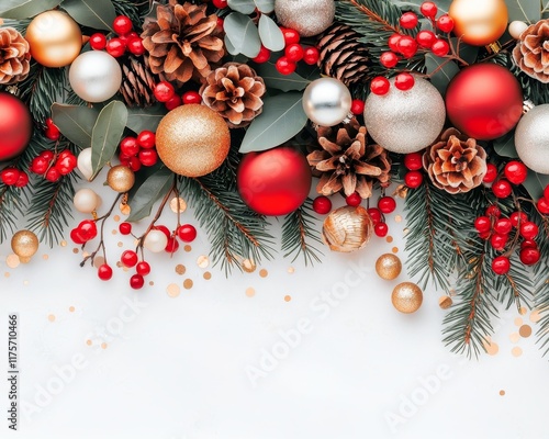 Festive Christmas Border with Red Gold Ornaments Pine Cones and Berries