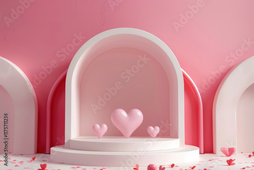 Stylish Empty Podium for Love Products with Hearts Background. Ideal for Valentine's Day and Romantic Presentations.