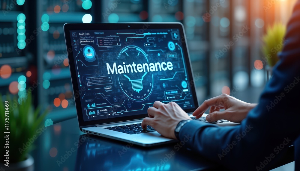 Corporate executive uses laptop for global maintenance. Futuristic tech concept shows proactive system support, digital repair services. Global maintenance concept with digital repair system