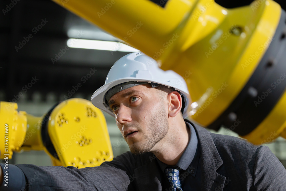 Caucasian engineer inspecting robotic arms in a manufacturing facility Caucasian engineer inspecting robotic arms in a manufacturing facility