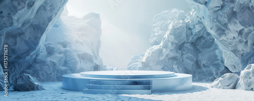 Sophisticated Podium Surrounded by Ice and Snow for Winter-Themed Product Displays. Perfect for Holiday and Seasonal Events.