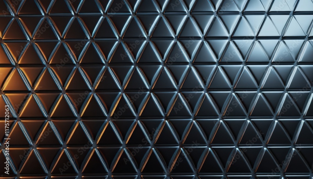 Shimmering geometric patterns create a captivating play of light and shadow on textured triangular surfaces in a dimly lit space Shimmering geometric patterns create a captivating play of light and shadow on textured triangular surfaces in a dimly lit space