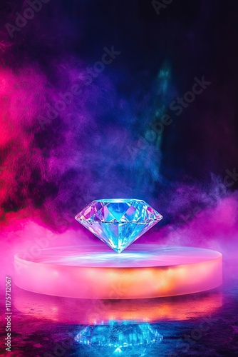 dramatic view of podium shaped like diamond surrounded by glowing mist and vibrant colored lighting photo