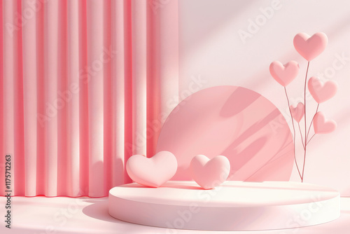 Stylish Empty Podium for Love Products with Heart-Shaped Background. Perfect for Valentine's Day Product Displays and Romantic Presentations.